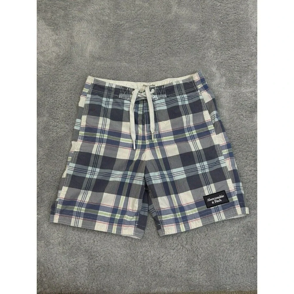 Abercrombie & Fitch Mens Plaid Board Shorts Blue White Check Swim Trunks